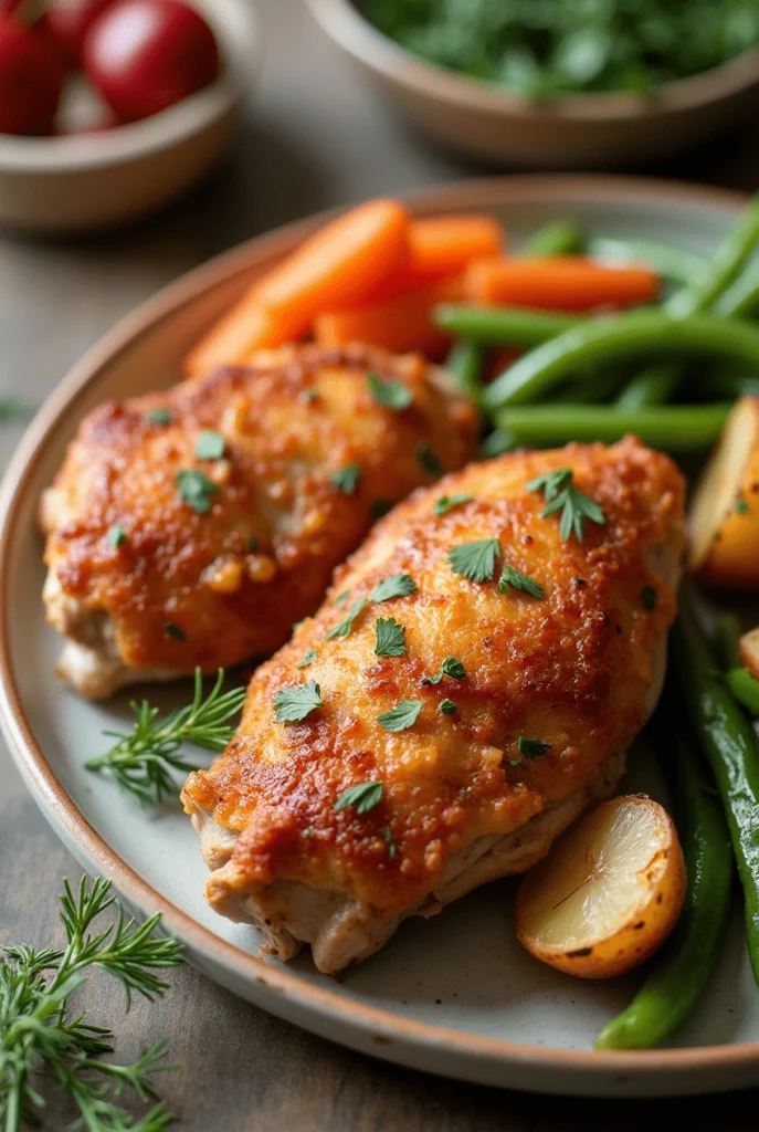 a plate of food with vegetables, Einfaches Knuspriges Backhähnchen